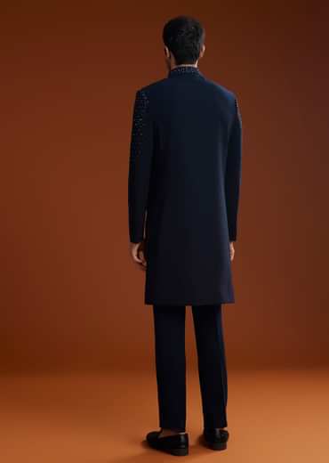 Blue Suiting Indo Jacket Set With Shimmering Embellishments