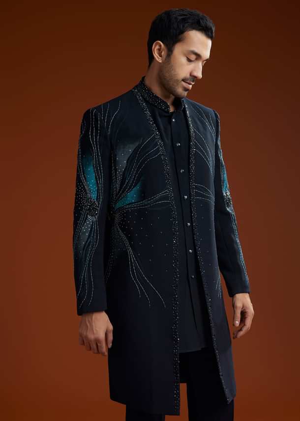 Blue Suiting Indo Jacket Set With Starlit Cutdana Work Blue Suiting Indo Jacket Set With Starlit Cutdana Work
