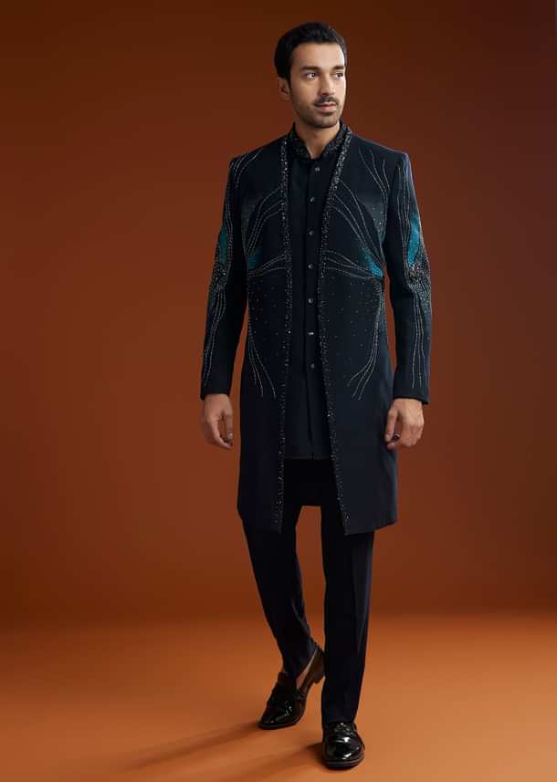 Blue Suiting Indo Jacket Set With Starlit Cutdana Work Blue Suiting Indo Jacket Set With Starlit Cutdana Work