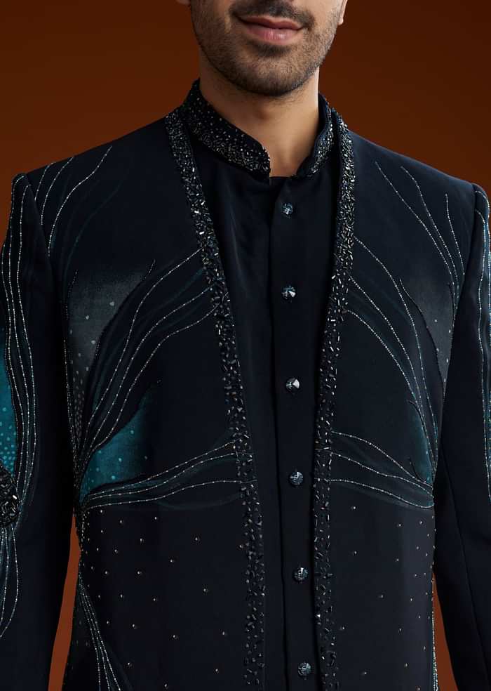 Blue Suiting Indo Jacket Set With Starlit Cutdana Work
