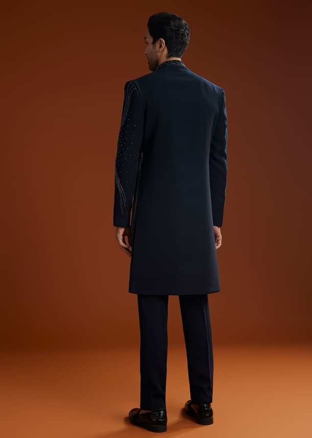 Blue Suiting Indo Jacket Set With Starlit Cutdana Work Blue Suiting Indo Jacket Set With Starlit Cutdana Work