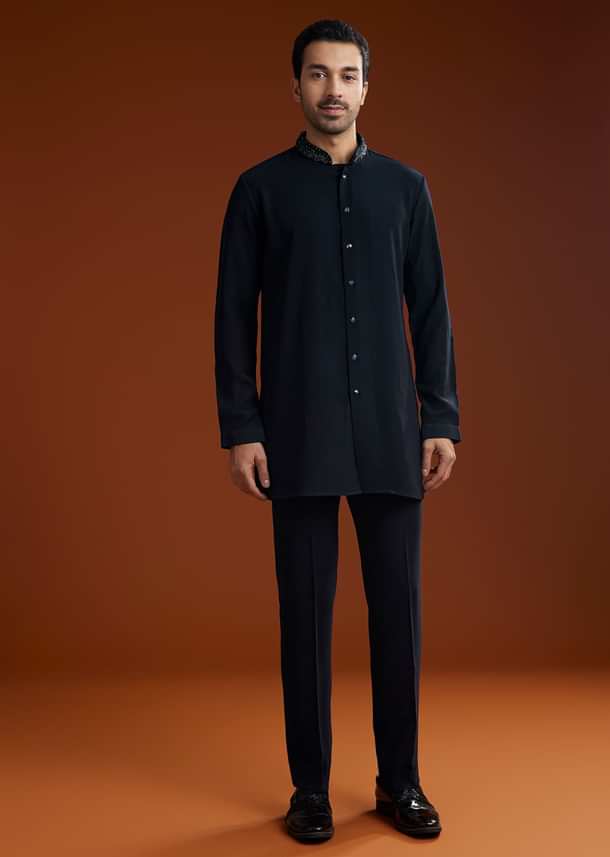 Blue Suiting Indo Jacket Set With Starlit Cutdana Work Blue Suiting Indo Jacket Set With Starlit Cutdana Work