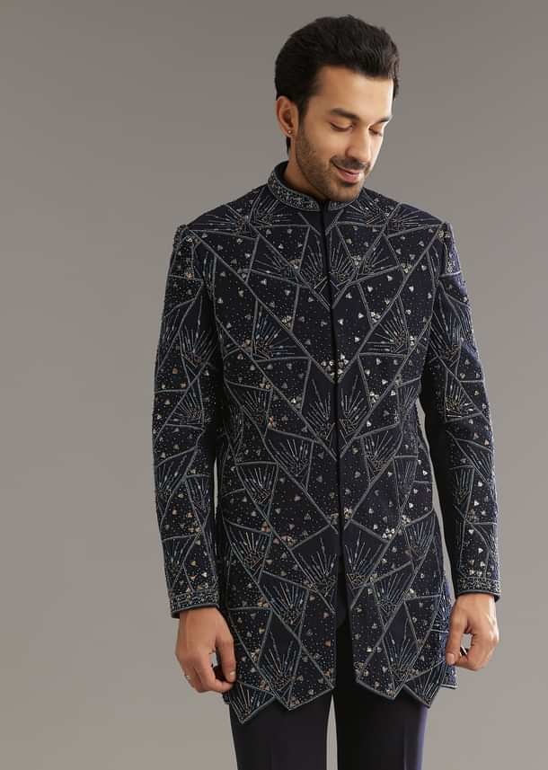 Blue Suiting Indo Western Set With Beaded Work