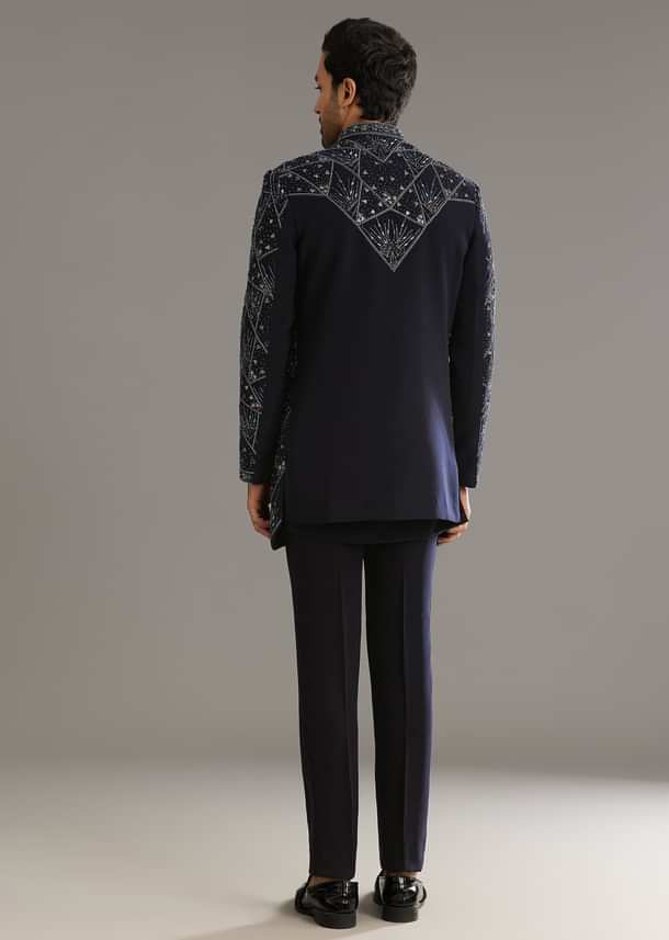 Blue Suiting Indo Western Set With Beaded Work