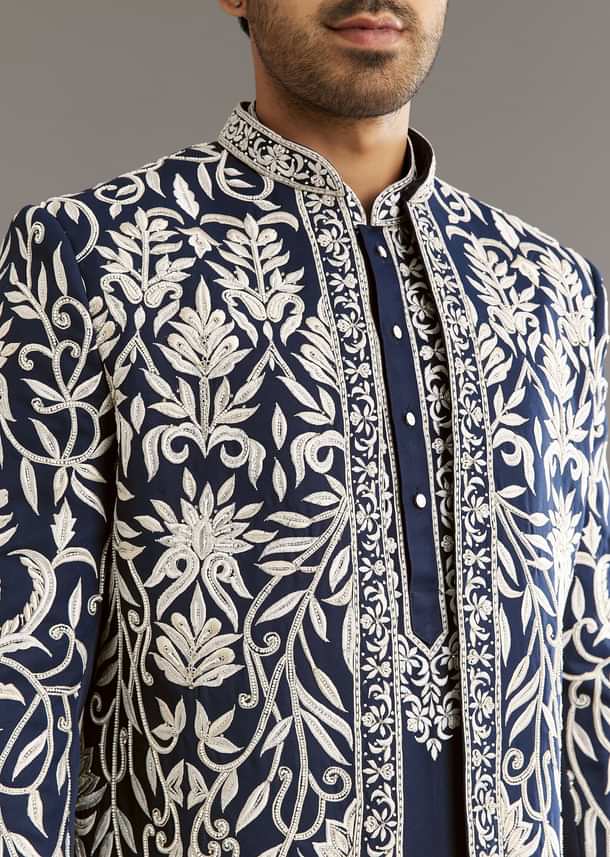 Blue Suiting Indo Western Set With Floral Embroidery Blue Suiting Indo Western Set With Floral Embroidery