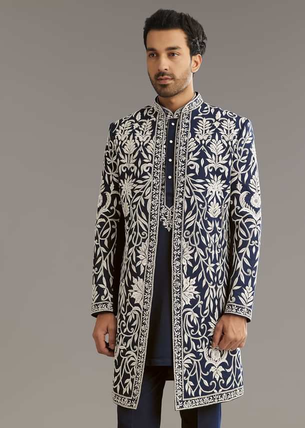 Blue Suiting Indo Western Set With Floral Embroidery Blue Suiting Indo Western Set With Floral Embroidery