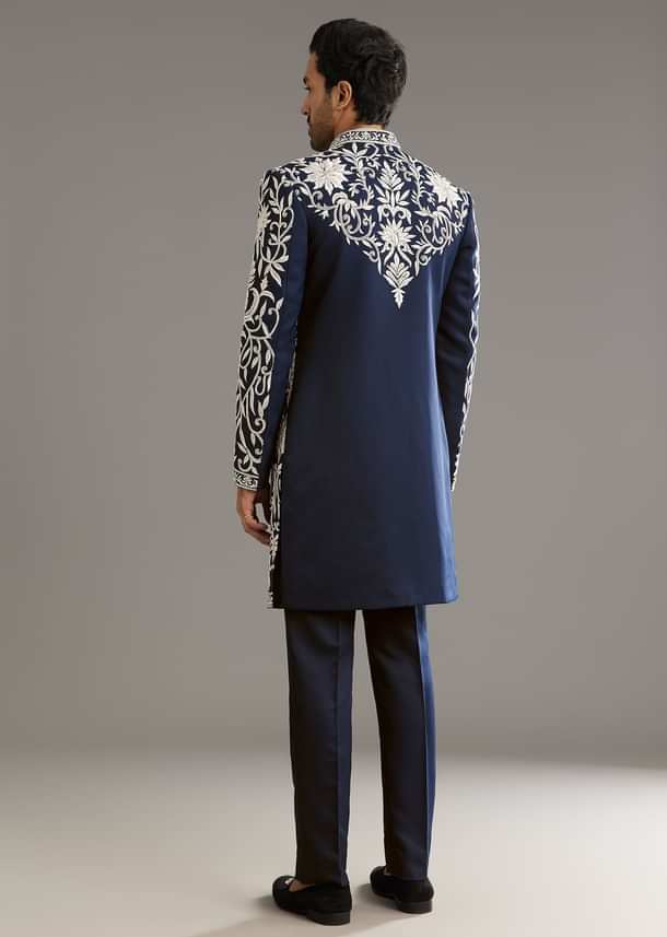 Blue Suiting Indo Western Set With Floral Embroidery Blue Suiting Indo Western Set With Floral Embroidery
