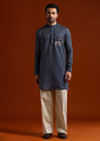 Blue Textured Kurta Set For Men With Resham Embroidery