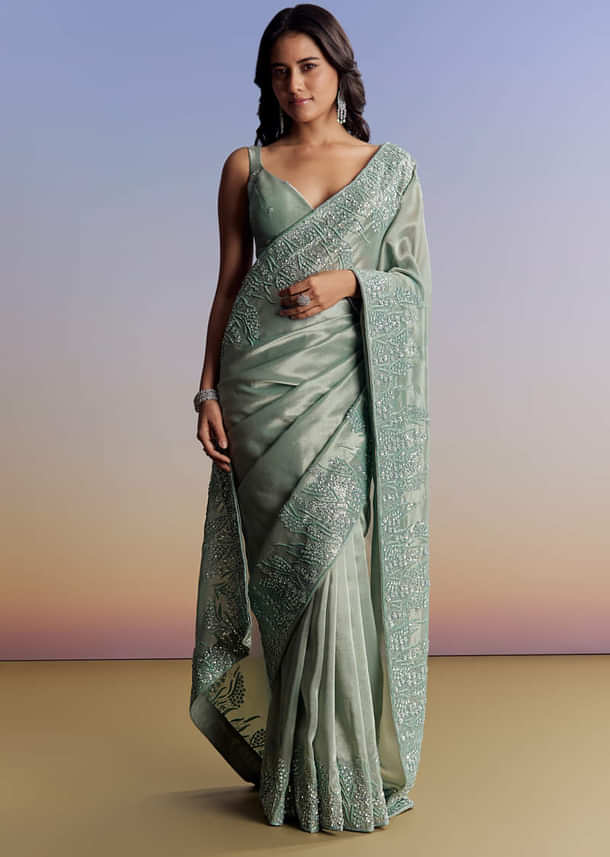 Blue Tissue Saree With Cutdana Sequins And Beads Embroidered Border