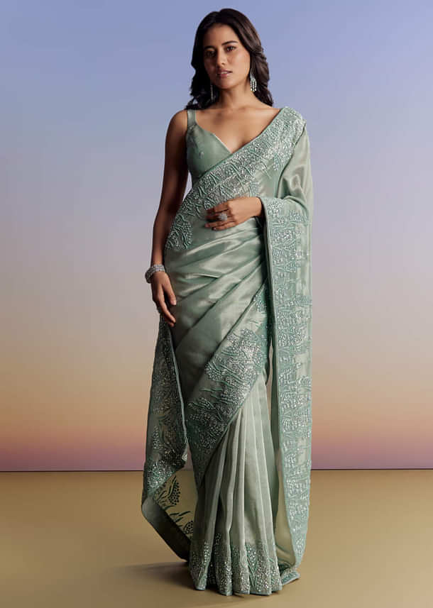 Blue Tissue Saree With Cutdana Sequins And Beads Embroidered Border