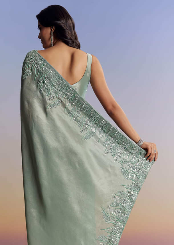 Blue Tissue Saree With Cutdana Sequins And Beads Embroidered Border