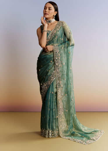 Blue Tissue Saree With Floral Embroidery And Sequins Blouse