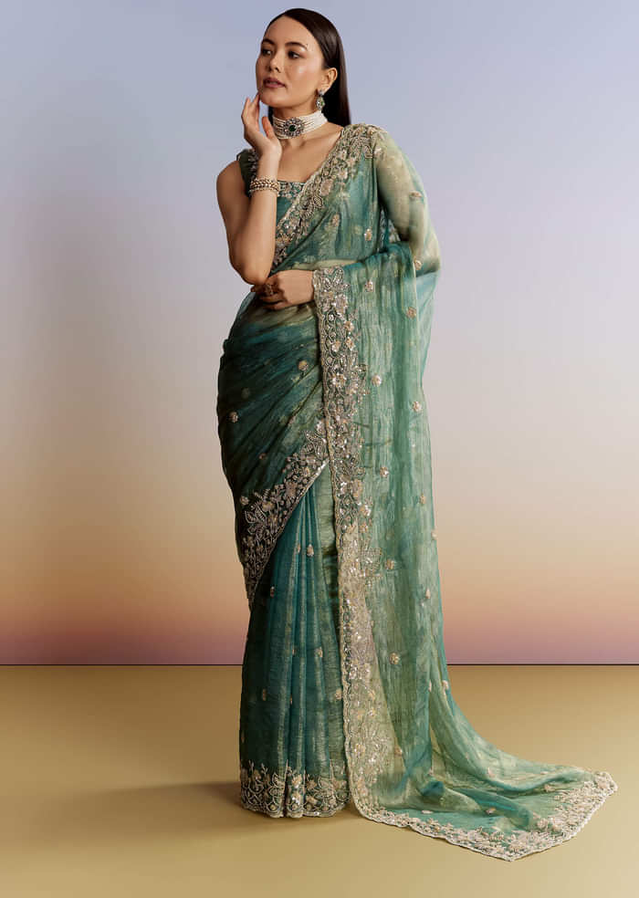 Blue Tissue Saree With Floral Embroidery And Sequins Blouse