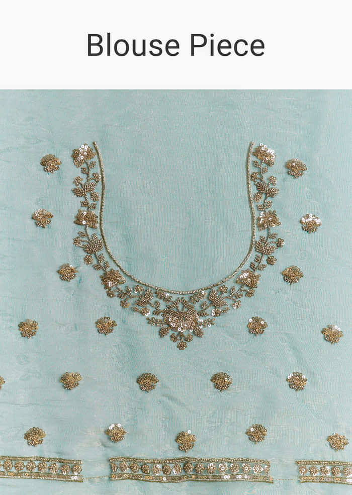 Blue Tissue Saree With Floral Embroidery And Sequins Blouse
