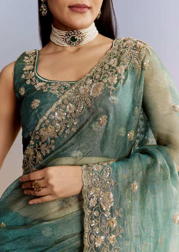 Blue Tissue Saree With Floral Embroidery And Sequins Blouse