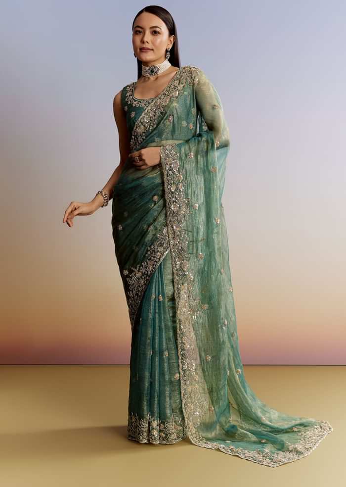 Blue Tissue Saree With Floral Embroidery And Sequins Blouse