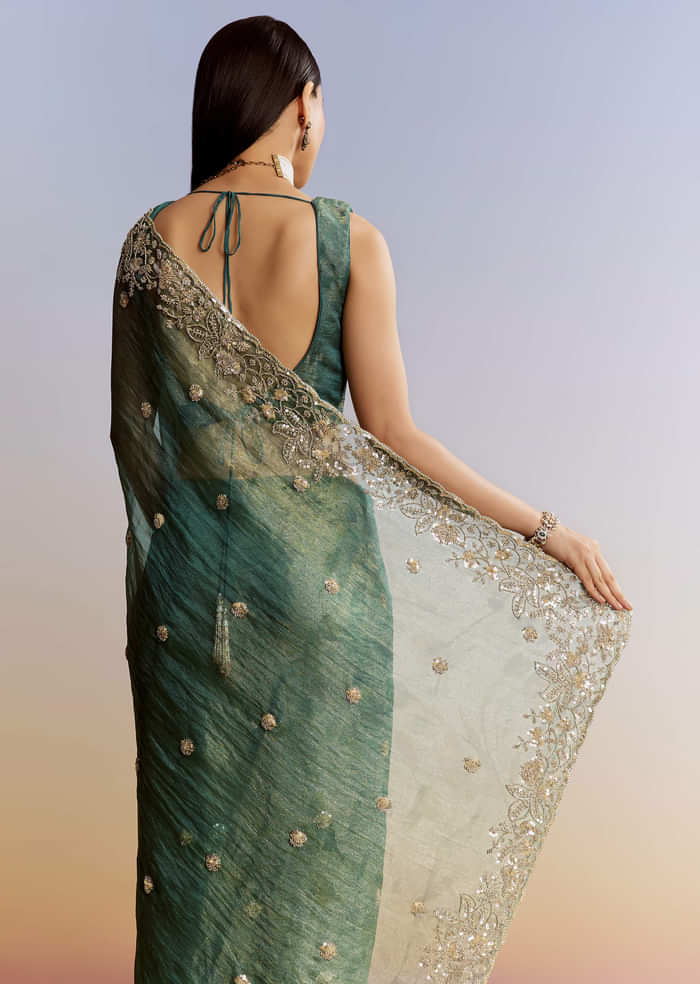 Blue Tissue Saree With Floral Embroidery And Sequins Blouse