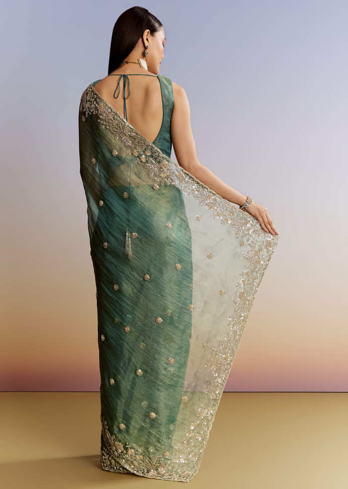 Blue Tissue Saree With Floral Embroidery And Sequins Blouse