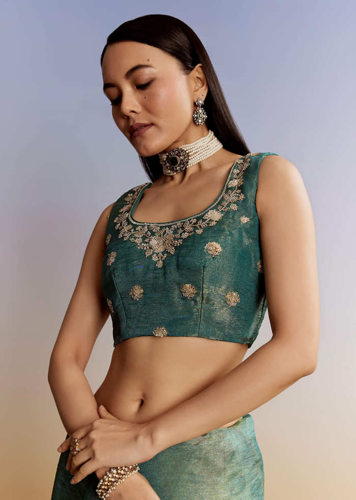 Blue Tissue Saree With Floral Embroidery And Sequins Blouse