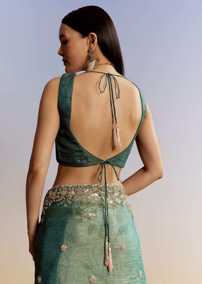 Blue Tissue Saree With Floral Embroidery And Sequins Blouse