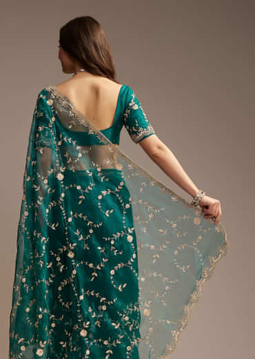 Blue Tissue Saree with Heavy Floral Jaal Embroidery