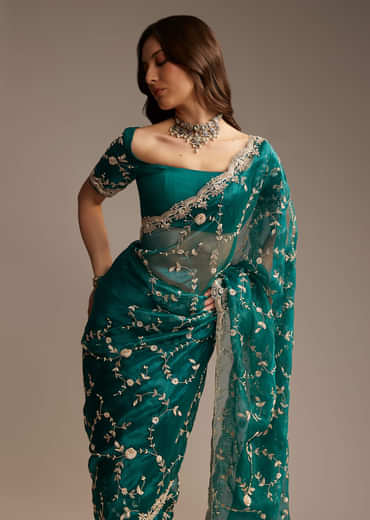 Blue Tissue Saree with Heavy Floral Jaal Embroidery