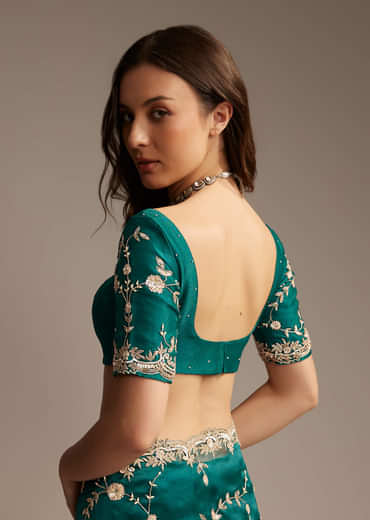 Blue Tissue Saree with Heavy Floral Jaal Embroidery