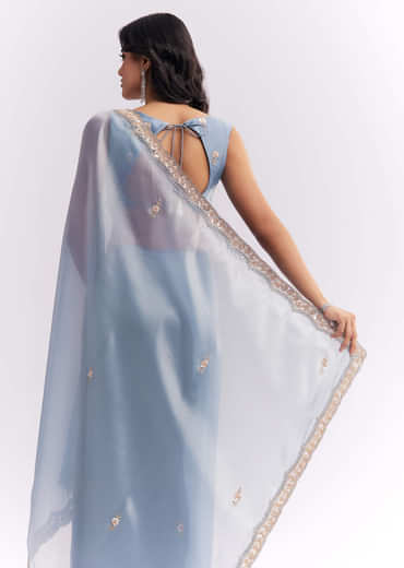 Blue Tissue Silk Saree With Heavy Hand Embroidery