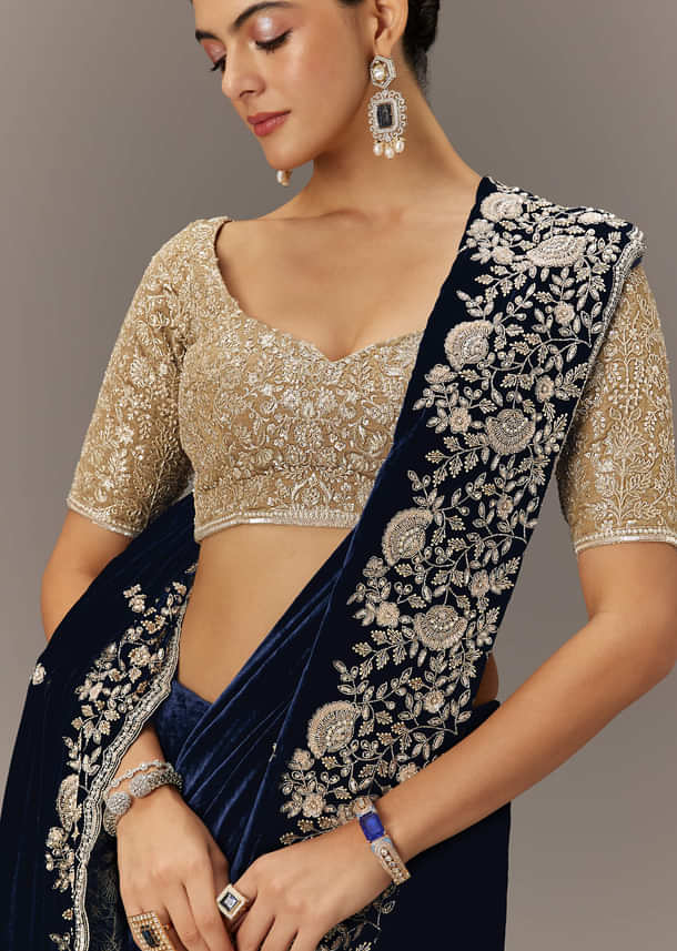 Blue Velvet Saree With Brocade Embroidered Blouse