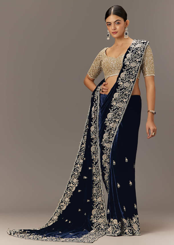Blue Velvet Saree With Brocade Embroidered Blouse
