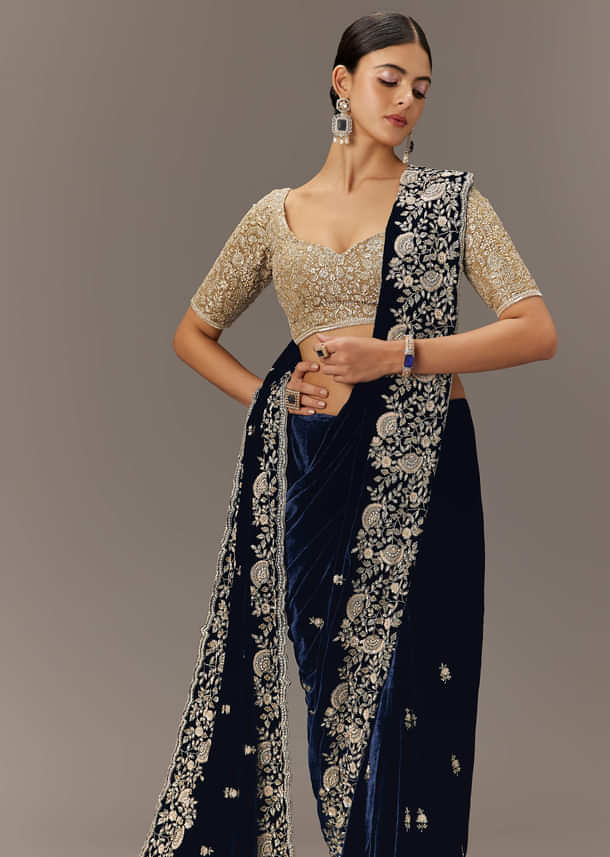 Blue Velvet Saree With Brocade Embroidered Blouse