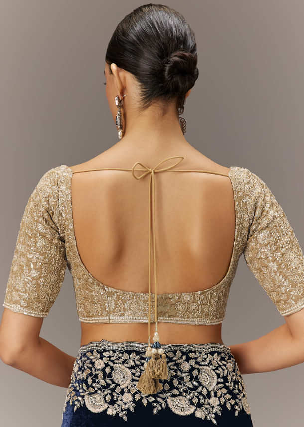 Blue Velvet Saree With Brocade Embroidered Blouse