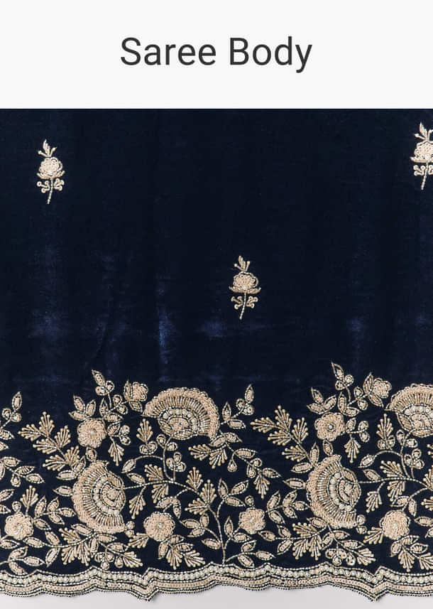 Blue Velvet Saree With Brocade Embroidered Blouse