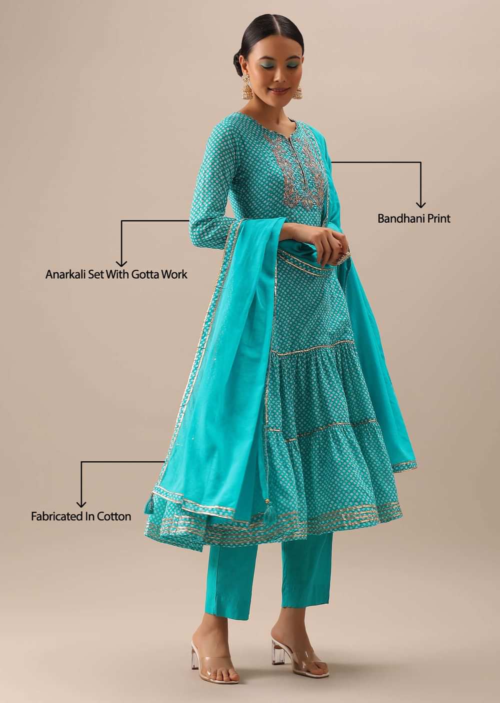 Blue Anakrali Set With Bandhani Print And Gota Work
