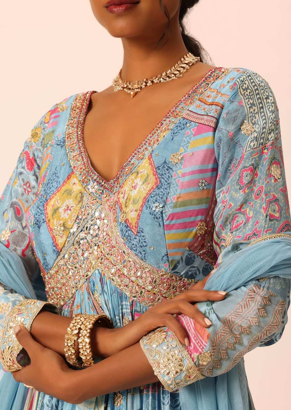 Blue Anarkali Set With Foil And Mirror Work