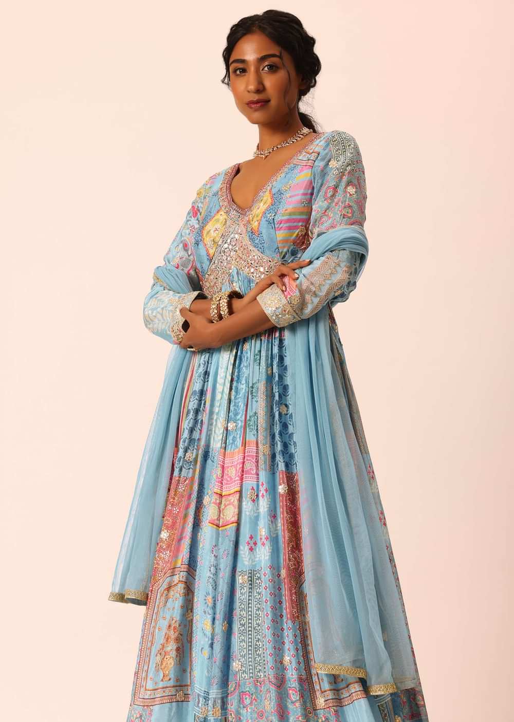 Blue Anarkali Set With Foil And Mirror Work