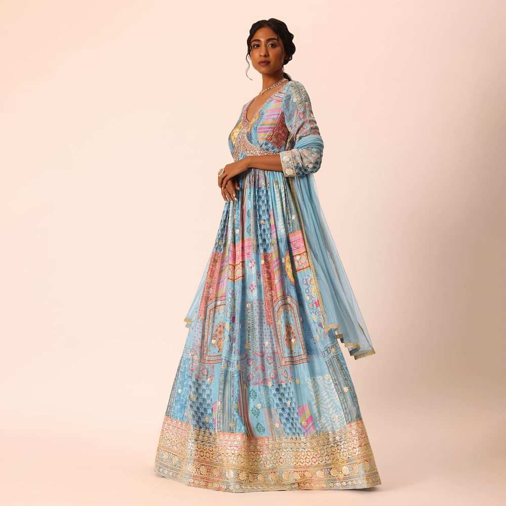 Blue Anarkali Set With Foil And Mirror Work