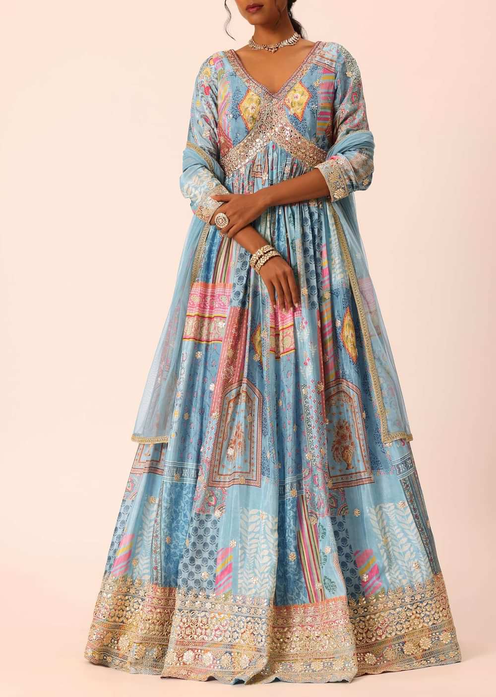 Blue Anarkali Set With Foil And Mirror Work