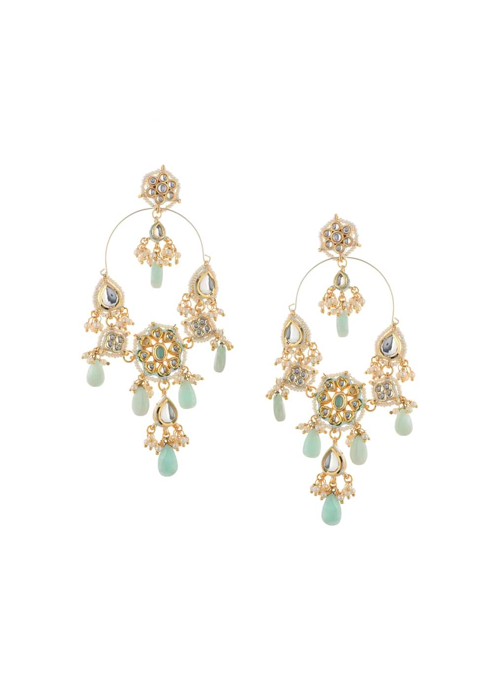 Blue And Gold Danglers With Kundan Work In Mix Metal