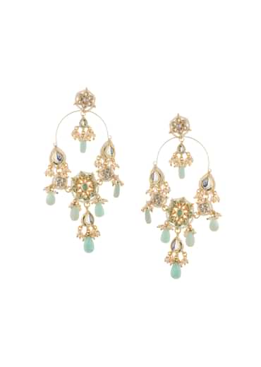 Blue And Gold Danglers With Kundan Work In Mix Metal