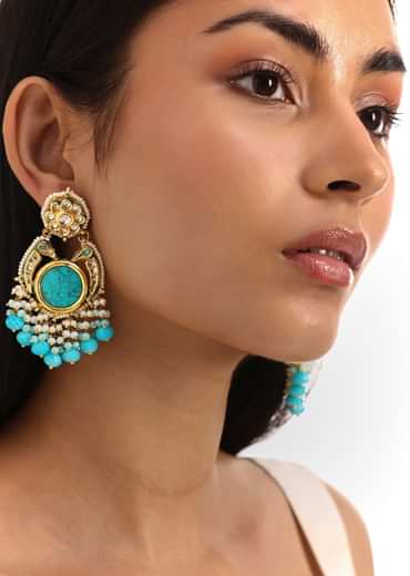 Blue And Gold Kundan Chandbalis In Mixed Metal