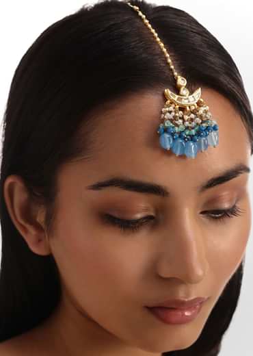 Blue And Gold Kundan Necklace Set With Maangtikka