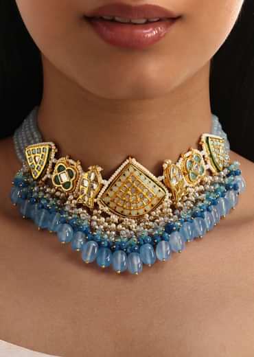 Blue And Gold Kundan Necklace Set With Maangtikka