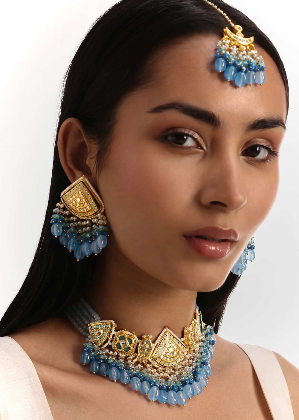 Blue And Gold Kundan Necklace Set With Maangtikka