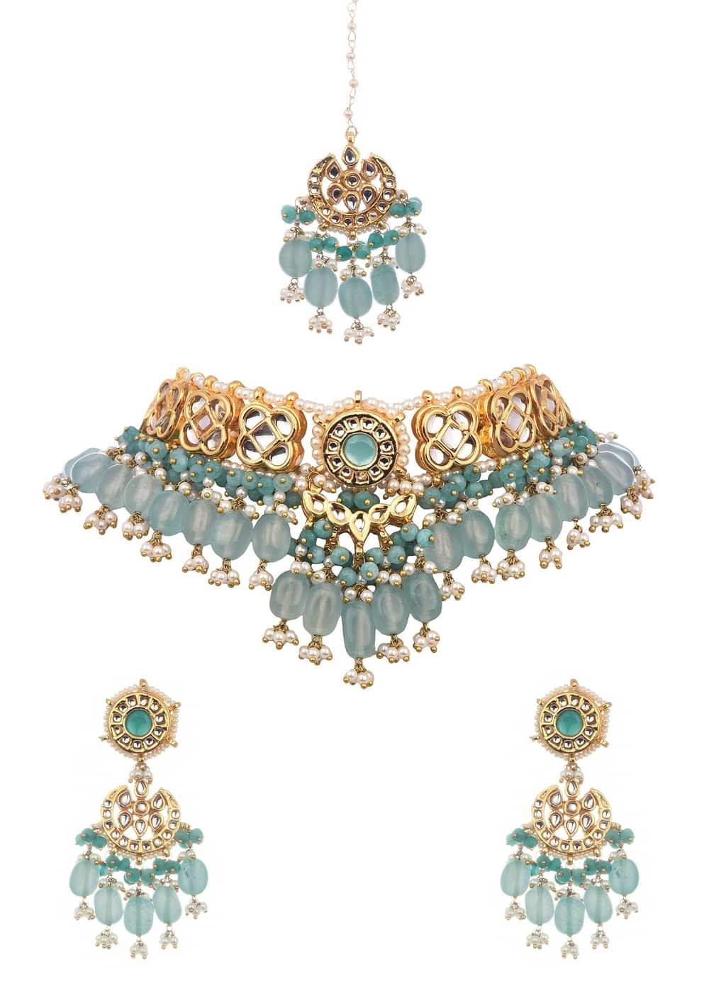 Blue And Gold Kundan Short Necklace Set With Stones