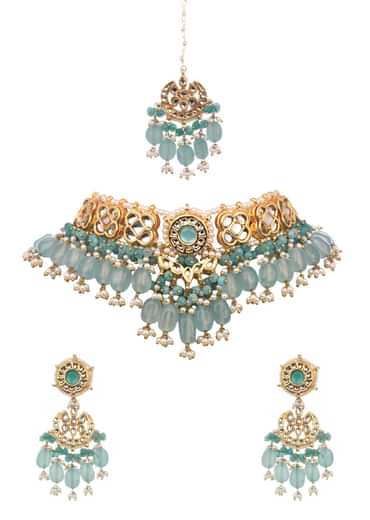 Blue And Gold Kundan Short Necklace Set With Stones