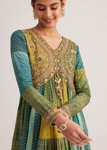Blue And Green Silk Kurti With Indie Print