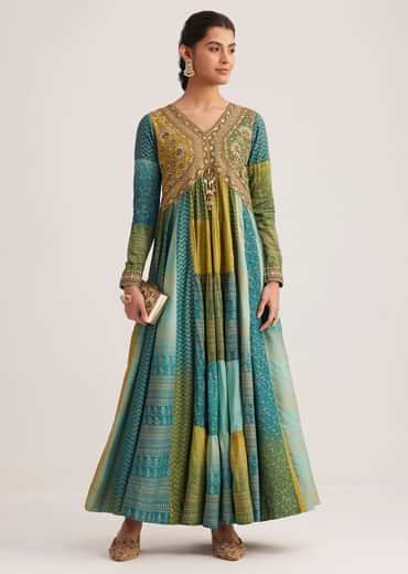Blue And Green Silk Kurti With Indie Print