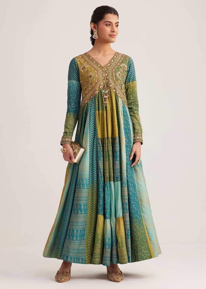 Blue And Green Silk Kurti With Indie Print