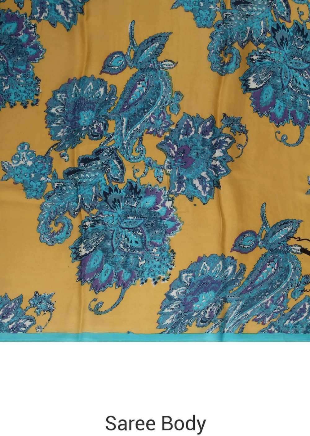 Blue and mustard saree in georgette with floral and paisley  print only on Kalki
